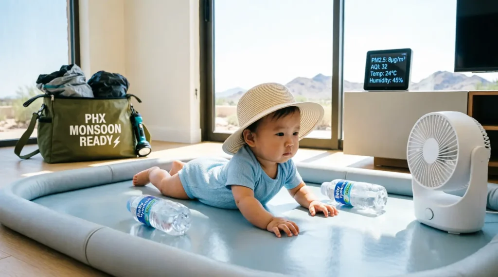 "Baby on cooling mat indoors with fan and monsoon go-bag - summer baby essentials Arizona parents use during 110°F Phoenix heat"