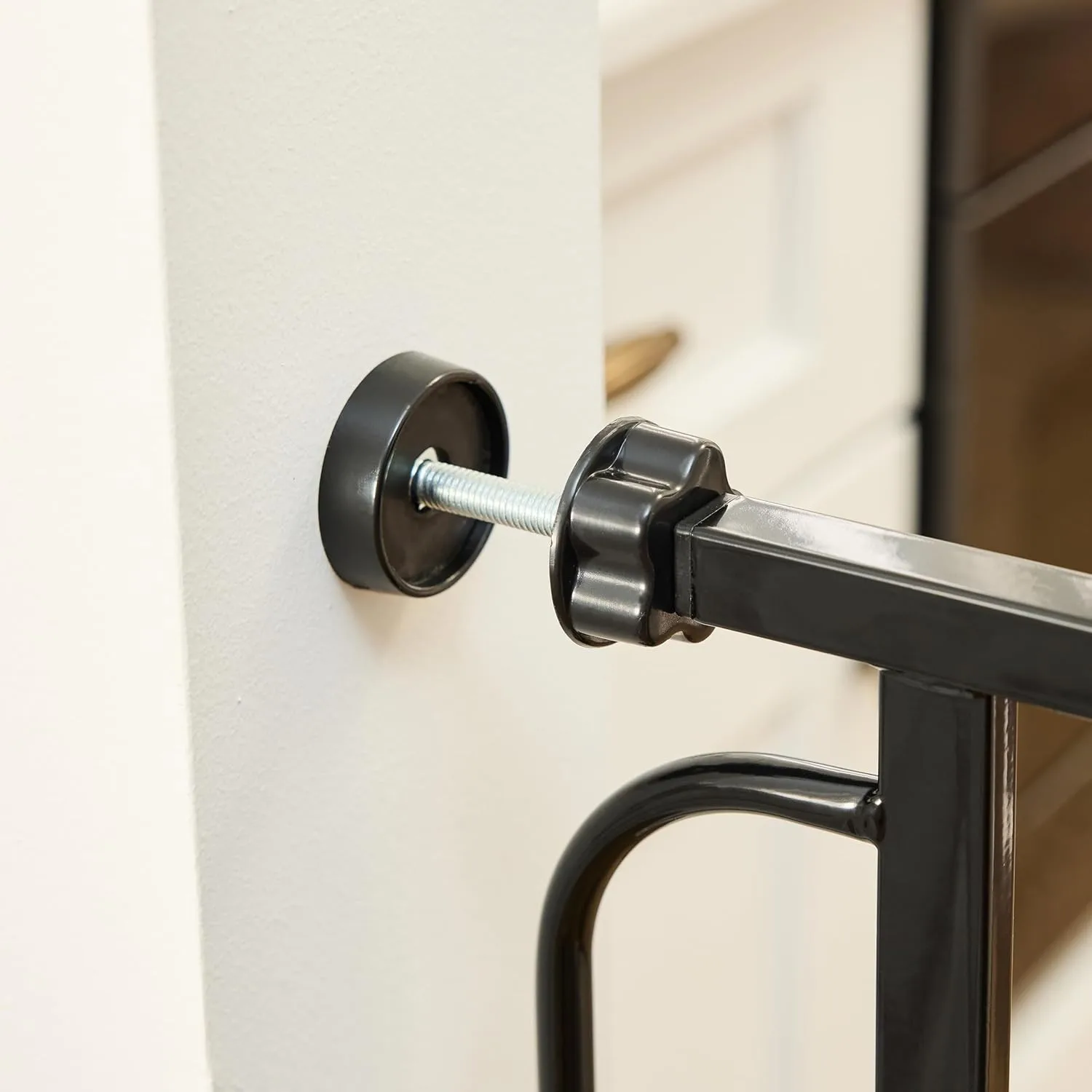 Baby gate tall steel construction close-up