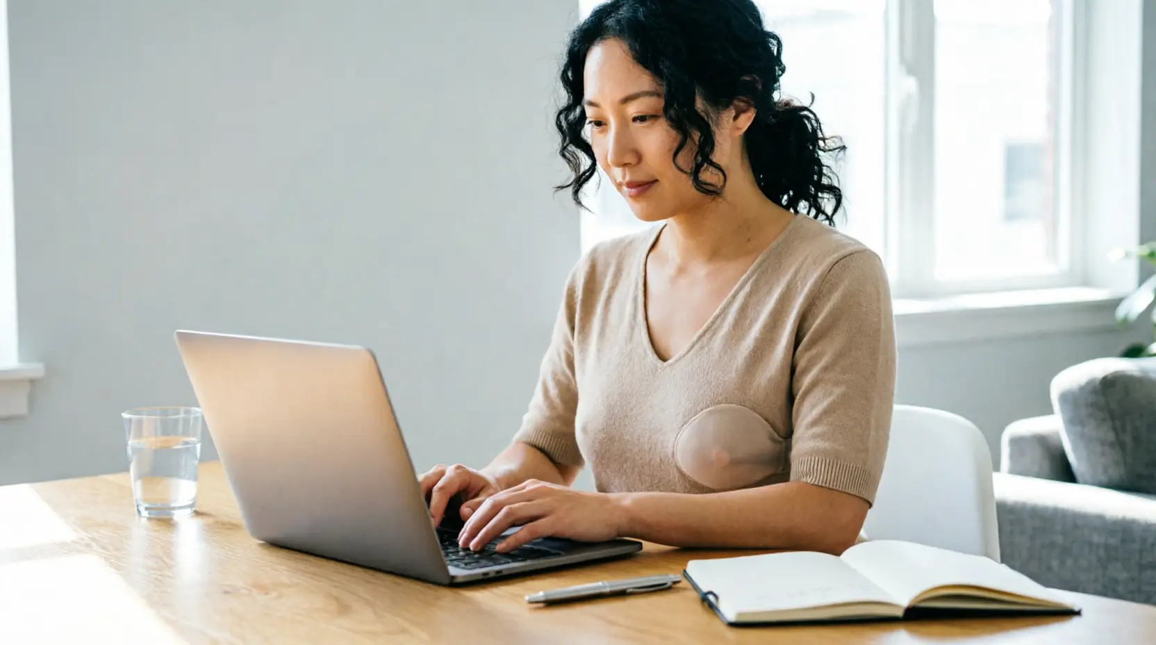 Elvie wearable breast pump review - working mom using discreet pump at desk hands free