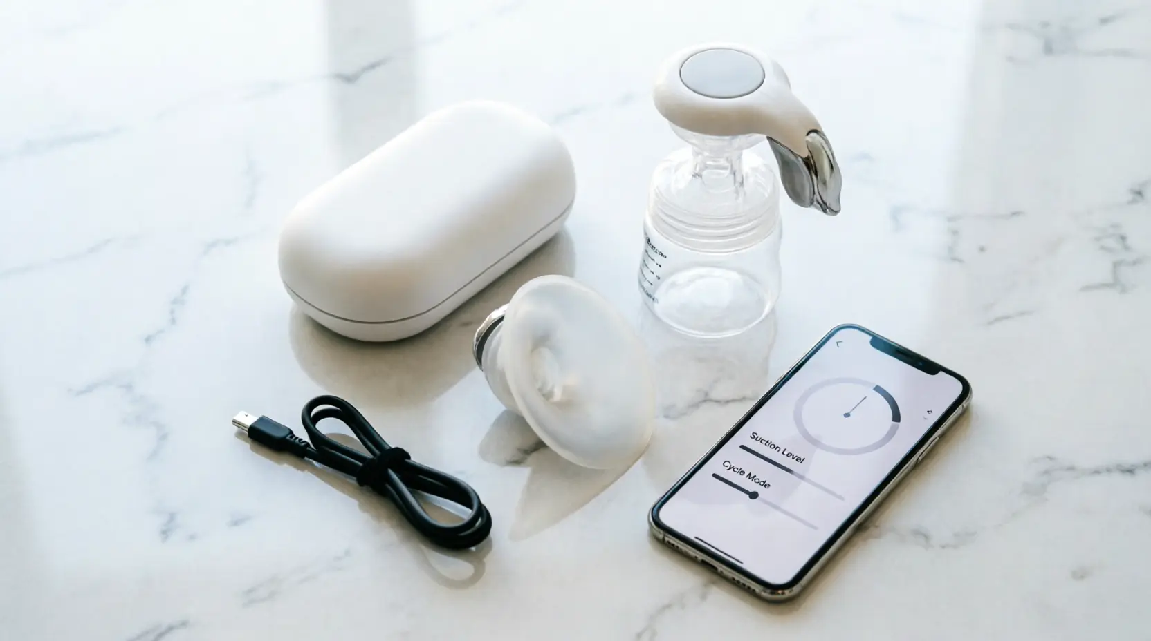 Elvie wearable breast pump review - pump parts flat lay with app interface and charging cable