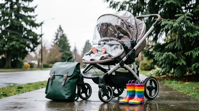 Rainy day essentials for PNW parents: waterproof stroller cover, weather-ready diaper bag, and colorful rain boots