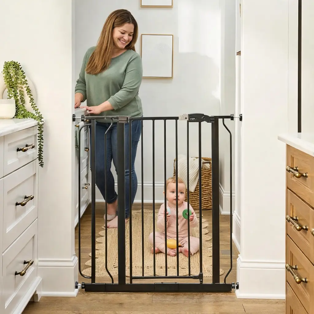 Regalo tall baby gate with door installed in hallway for child safety