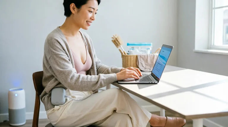 modern mom using wearable breast pump while working on laptop