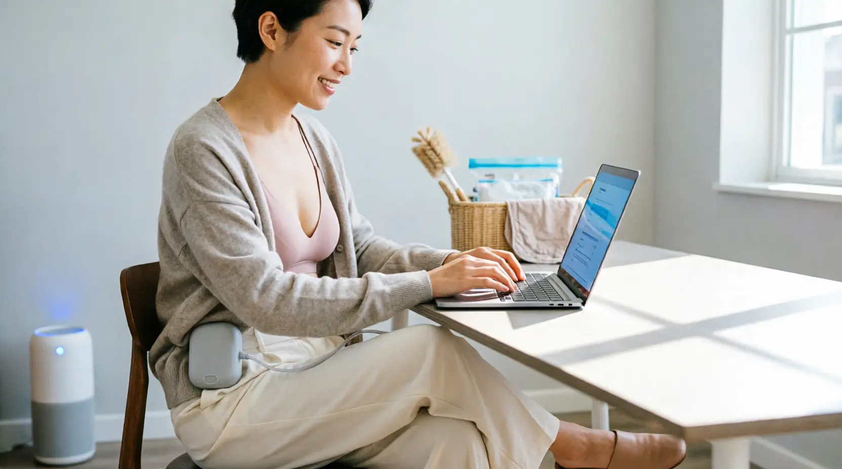 modern mom using wearable breast pump while working on laptop