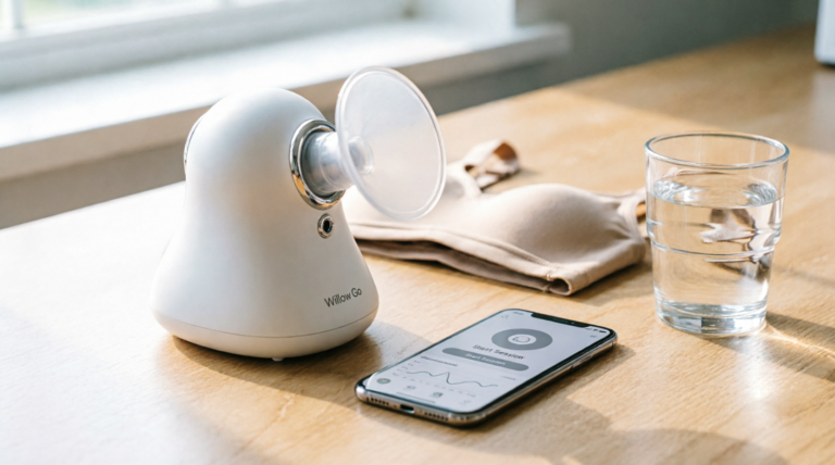 Willow Go wearable breast pump review - leak-proof design on desk with app and nursing bra 2026