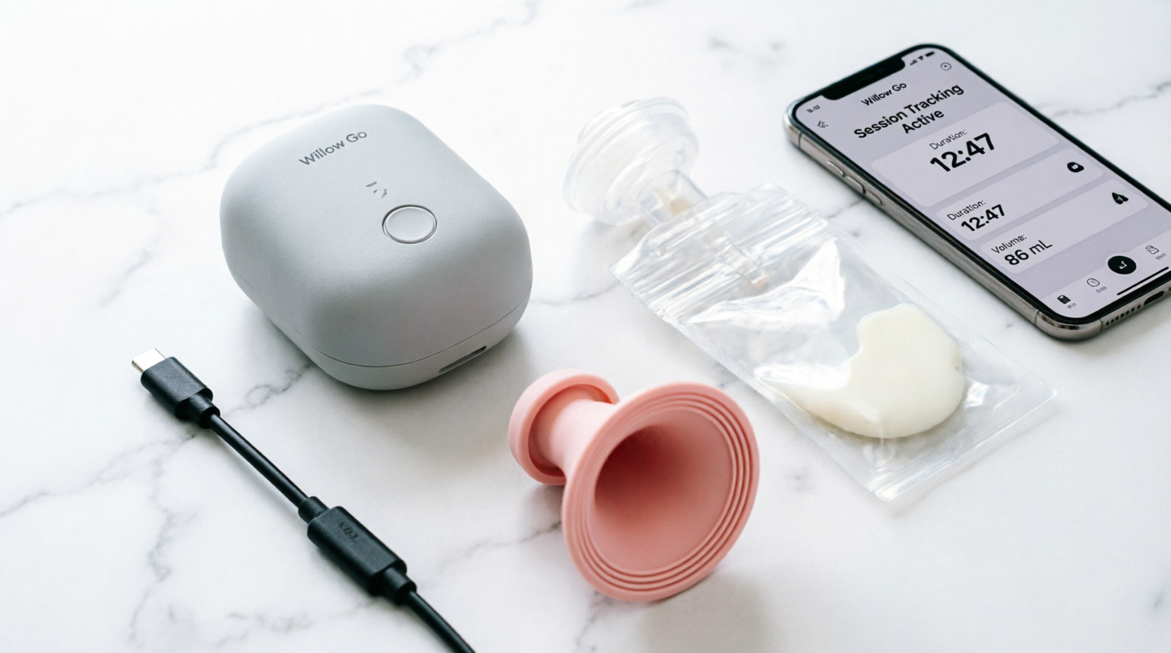 Willow Go wearable breast pump review - leak-proof design on desk with app and nursing bra 2026